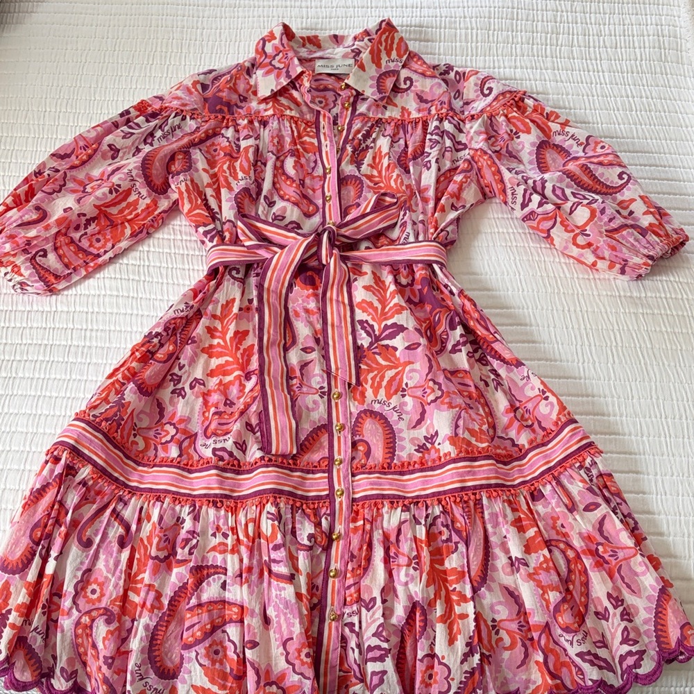NWOT Miss June Floral Pink & Orange Dress with Striped Belt, S/M